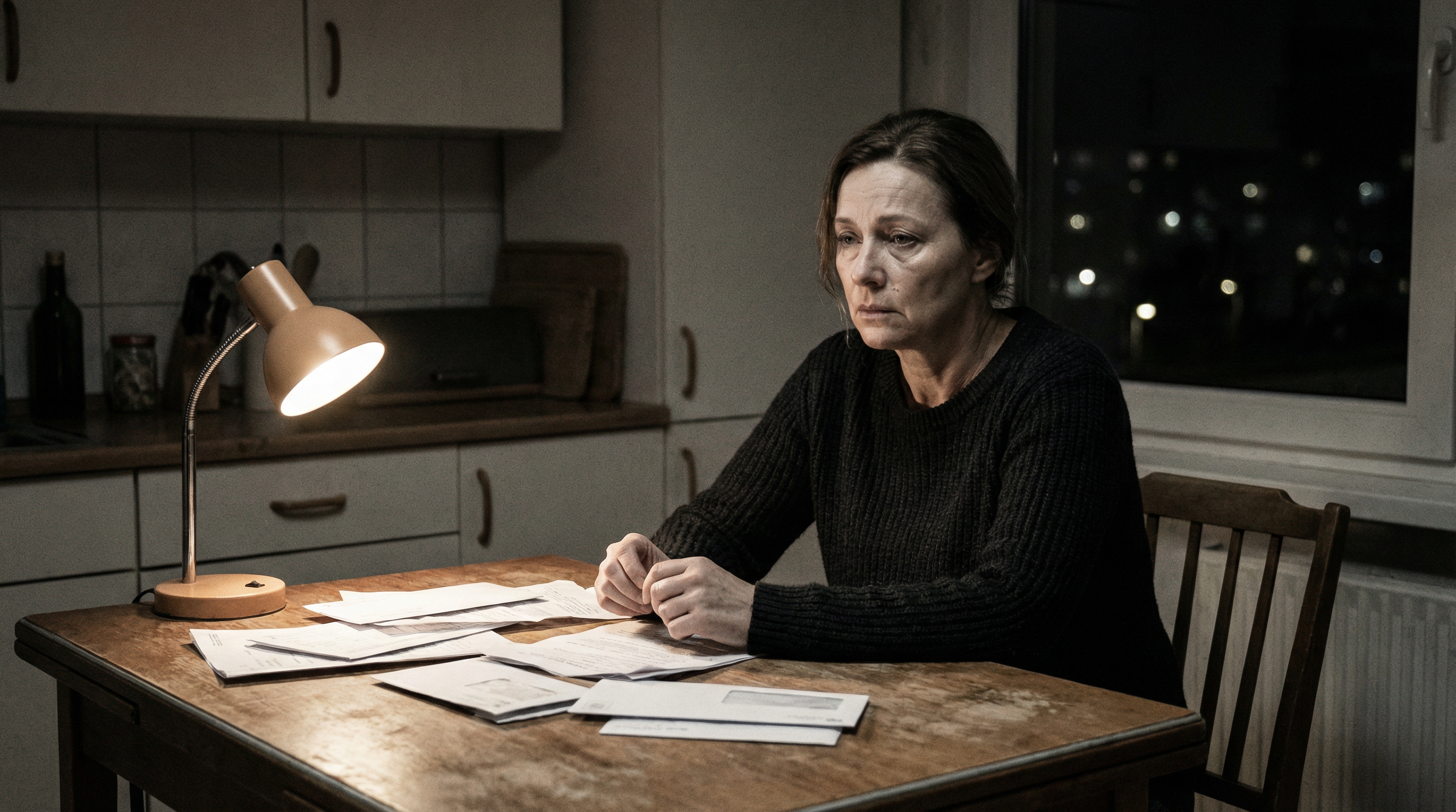 A woman sitting at her kitchen table late at night, looking at bills with a concerned expression.
