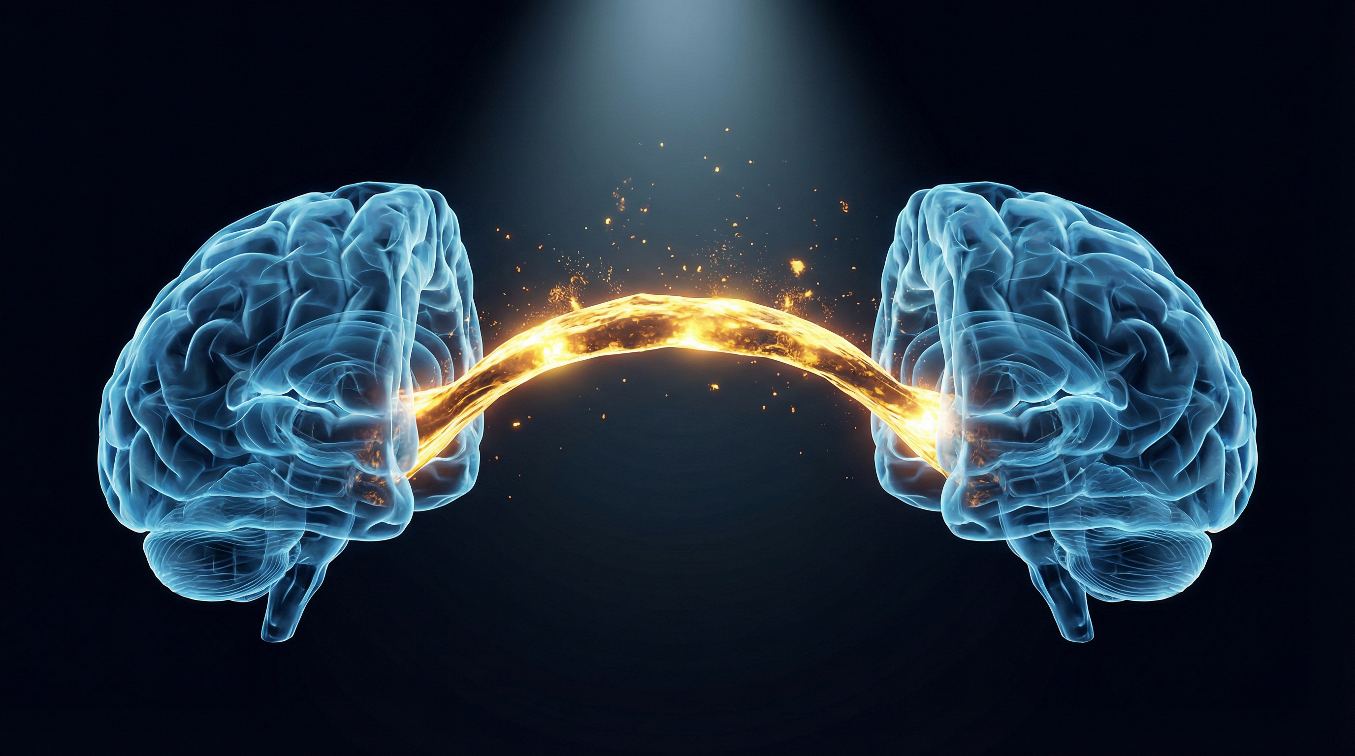 Conceptual art of a glowing golden bridge of light connecting two brain hemispheres, representing a new neural pathway.